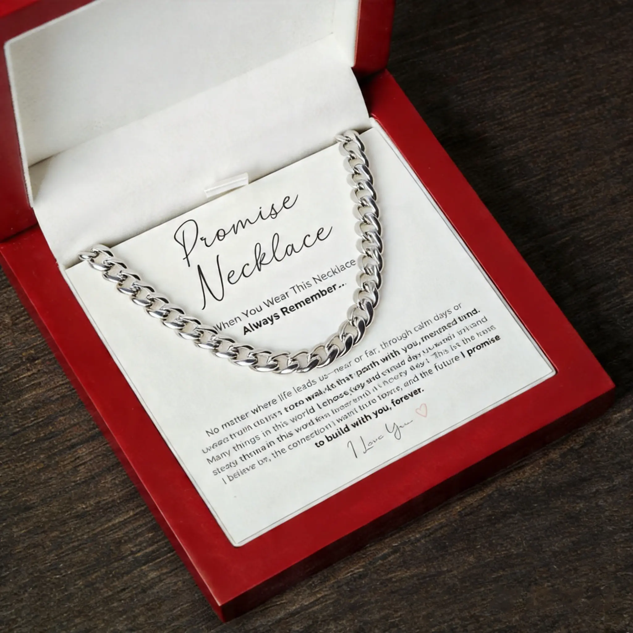 Promise Necklace for Boyfriend – Waterproof Stainless Steel Cuban Chain, Symbol of Love & Commitment, LED Wooden Box Gift for Valentine’s Day & Birthday