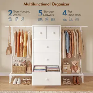 【Clothes Rod Cabinet】Double Rods Clothes Rack & 5 Storage Drawers, Garment rack Hanger & Shoe rack, Clothing Rack for Hanging Clothes Wardrobe Rack,Metal Garment Rack Sturdy Coat Rack for Bedroom Laundry Living Room,Silent fabric drawer,Easy Assemble