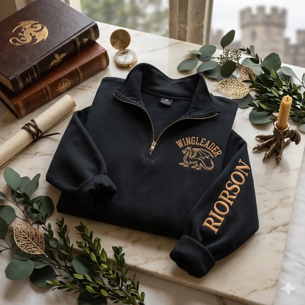 Wingleader Embroidered Quarter Zip Sweatshirt, Fourth Wing Inspired Riorson Shirt, Dragon Rider Sweater, Book Lovers Shirt, Dragon Crewneck