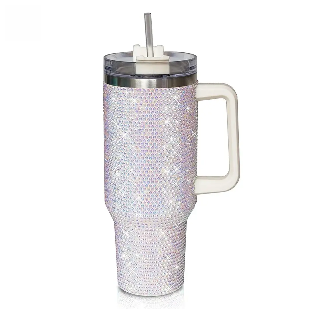 White Rhinestone 40 oz Tumbler Glamorous Spill-Proof Lid & Straw Friendly Opening Trendy Iced Coffee Mug Sparkly Hydration Cup