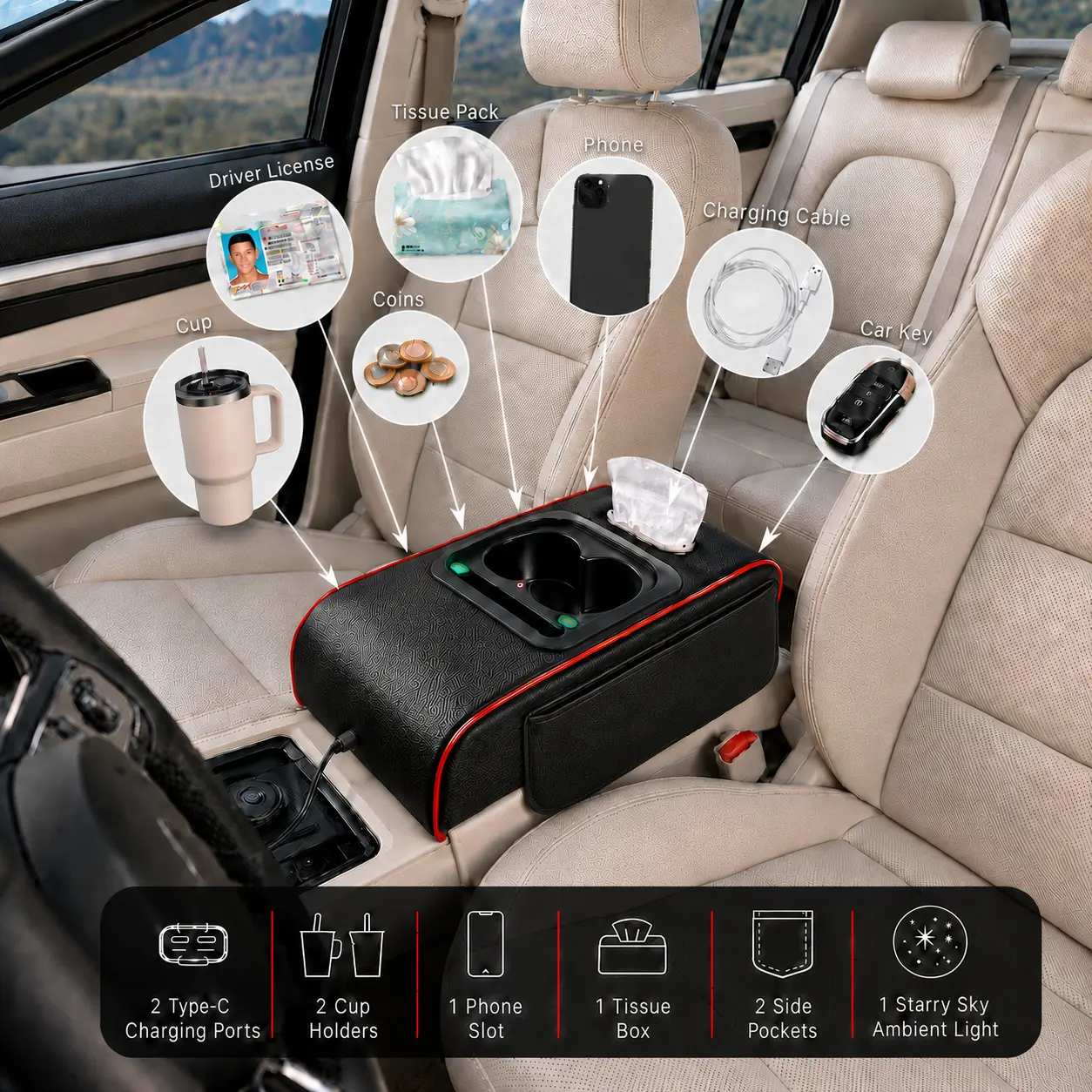 [Summer Sale Deals] 6-in-1 Car Center Console Organizer Armrest Pad with Dual Type-C Fast Charging Ports, 2 Cup Holders, Phone Slot, Tissue Box, 2 Side Storage Pockets & Starlight Ambient Light, Car Interior Accessories for Sedan SUV Truck, Car Organizers