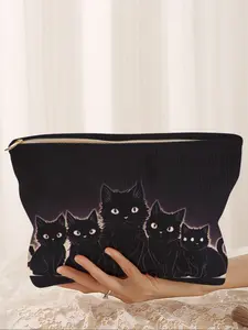 Cute Cat Print Corduroy Makeup Bag, Cartoon Style, Lightweight Multi-Functional Fashion Casual Cosmetic Pouch, Travel Organizer, Handheld Cosmetic Pouch