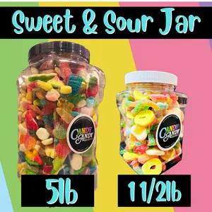 Sweet & Sour Jar - Assorted Gummy Mix - Sweet/Sour Candy Snack - Refillable Jar - animals, rings. bottles, drops, gummy bears and much more!