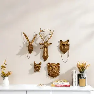 Resin Animal Wall Decor Set, Trendy Cross-Border Indoor Wall Art, Animal Design, Decoration, 5-Piece Set Includes Bear Head, Deer Head, Mouse Head, Fox Head, Rabbit Head