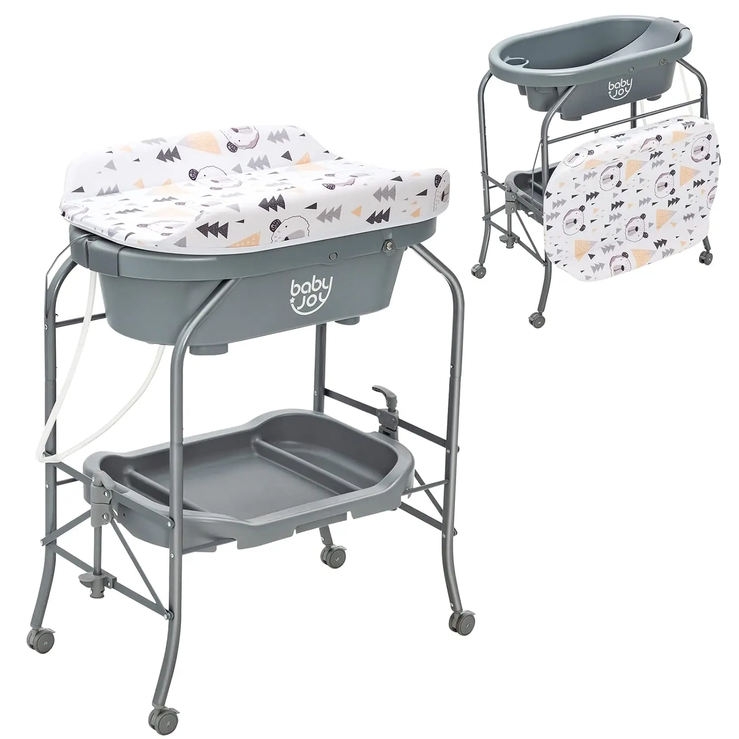 Baby Bathtub with Changing Table, Foldable Infant Diaper Changing Station with Storage Tray, Waterproof Pad, Portable Newborn Nursery Organizer Bath Stand with 4 Universal Wheels