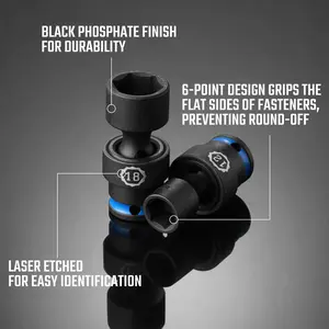 3/8" Drive Impact Universal Joint Socket Set, Swivel Socket Set, Metric, Steel, Organized in Foam Organizer