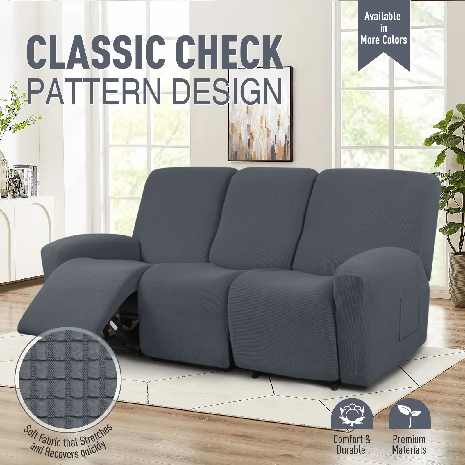 TAOCOCO Recliner Couch Covers, 8-Piece Set, Stretchable Large Sofa Covers for 3-Seater Reclining Sofas, Soft Jacquard Pattern Furniture Protectors