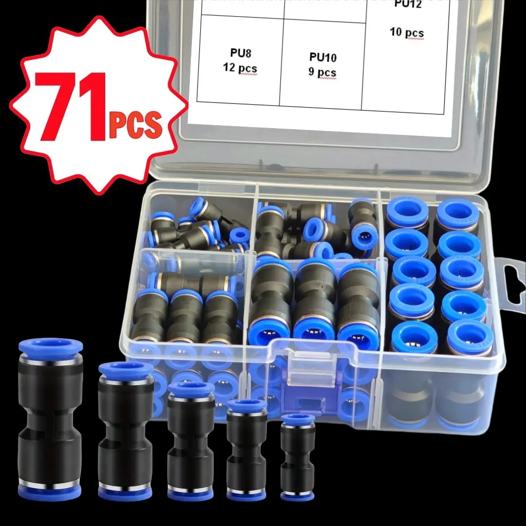 71-Piece Quick Connect Push-to-Connect Fitting Kit, 5/32'' 1/4'' 5/16'' 3/8'' 1/2'' OD Pneumatic Air Hose Couplers, Air Hose Fittings, Hose Adapter Set, Quick Release Connector Set for 4mm 6mm 8mm 10mm 12mm OD Tubing
