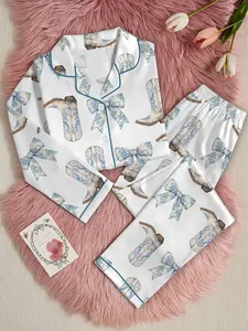 Coquette Blue Bow And Boots Cowgirl Short Sleeve Satin Pajama Set, Cowboy Boots Pajamas Shirt, Holiday Party Pajama Gift Family Women Men