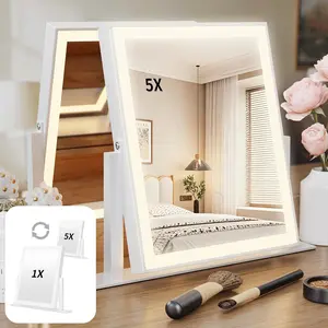 Double Sided Hollywood Vanity Mirror with 1x/5x Magnification and Lights,Rechargeable 10"x12" Lighted Magnifying Makeup Mirror with 3 Color Lighting,Brightness Adjustable,360° Rotation,Gift for Women