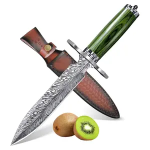 FUSIONKEI Knife with Leather Sheath, Damascus Feather Knives D2 Steel with Green Pakkawood Handle, Perfect Gift