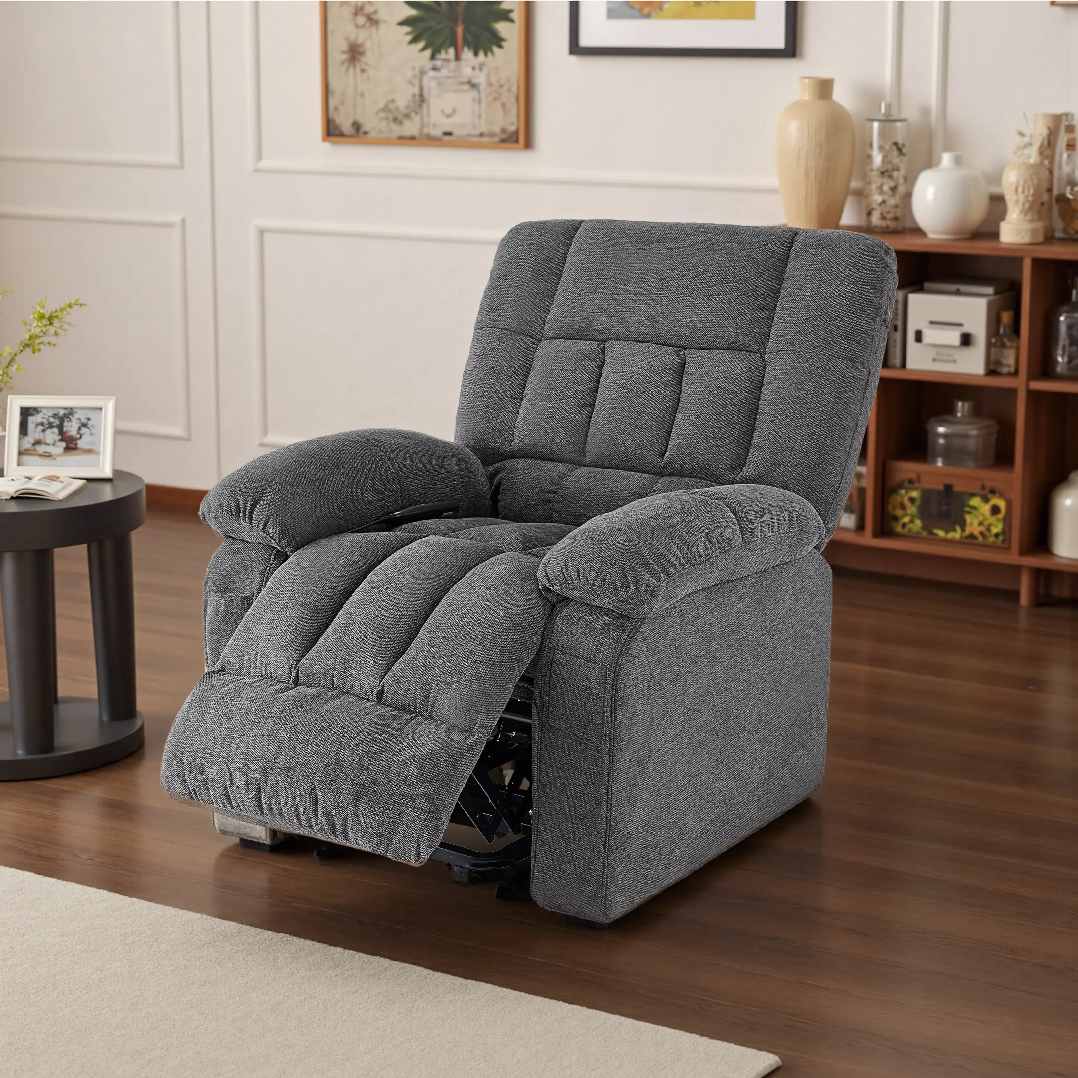 Luxury Adjustable Recliner Armchair for Elderly - Electric Power Lift, Heat&Massage, 3 Temperature Levels, 8 Vibration Massage Points, Wide Seat, Padded Arms, Faux-Linen, Single, Ample Storage Side Pocket, Pre-Assembled Indoor Living Room Furniture, Adjus