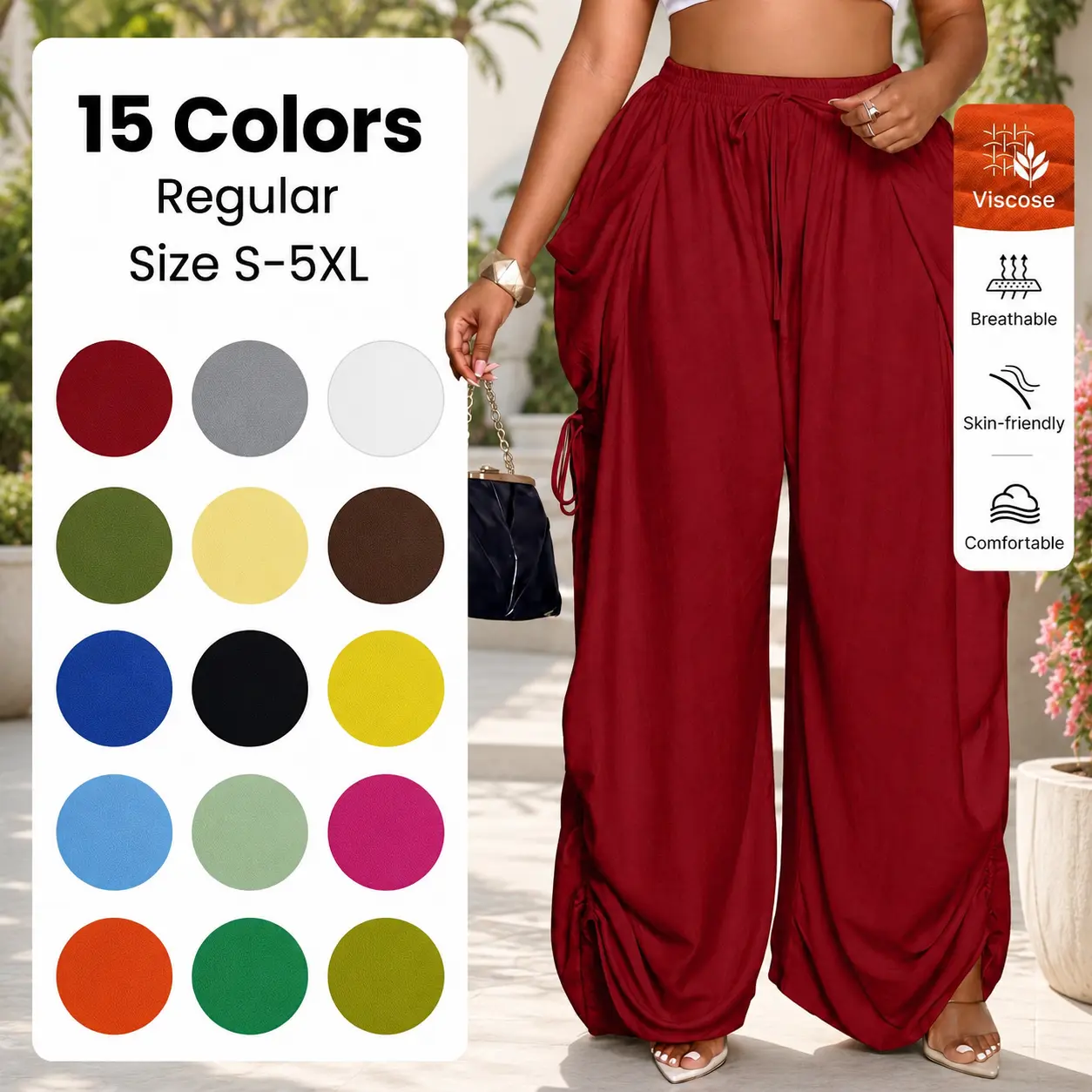 Women's High-Rise Wide Leg Casual Pants - Plain Woven Fabric, Adjustable Side Drawstring, Comfortable Daily Wear | Womenswear