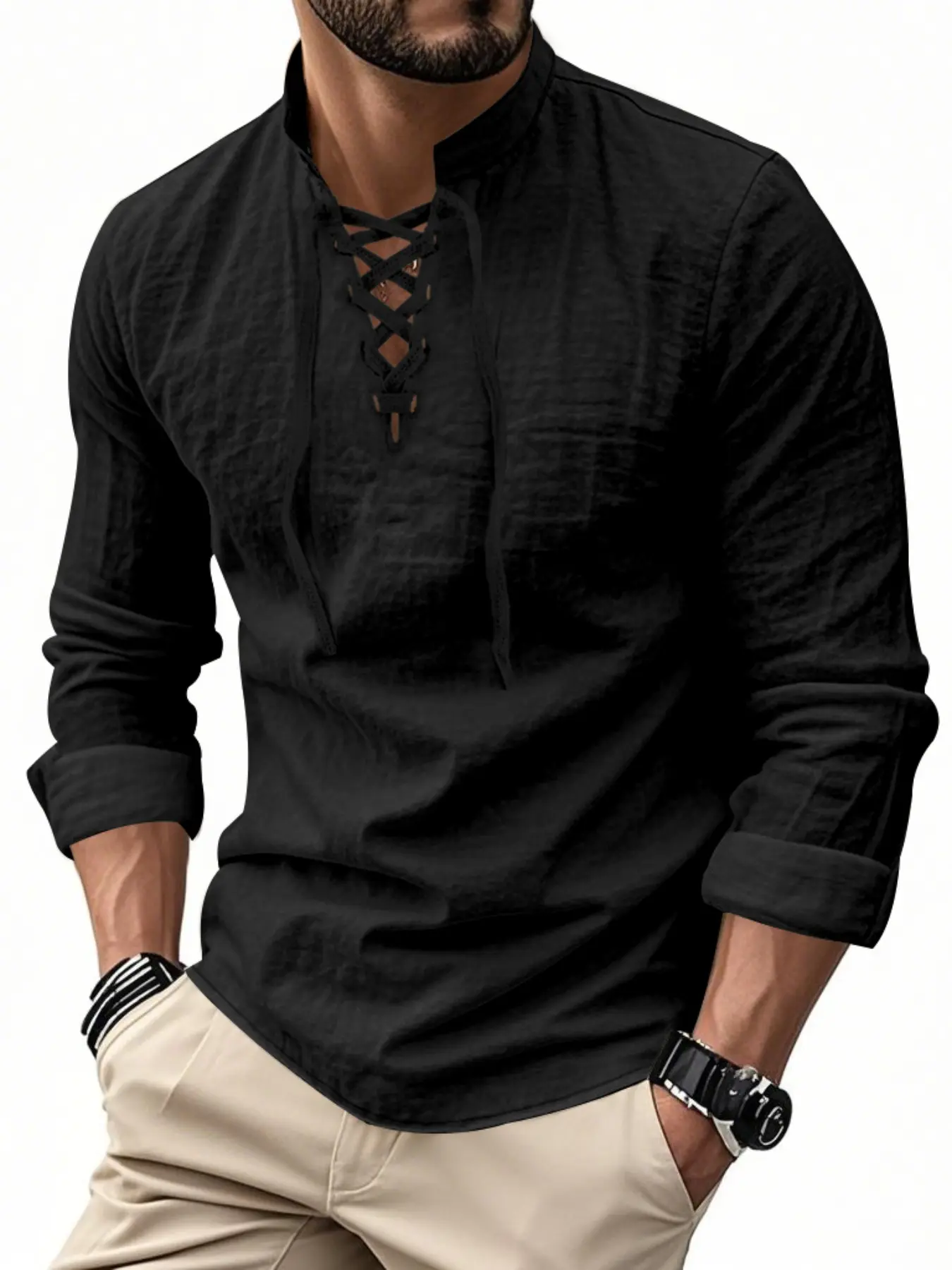 Men's Lightweight Breathable Linen Shirt, Drawstring Collar, Unique Design, Casual Plain Long Sleeve Polo, Perfect for Daily Commute Spring Fall Men's Clothing, Aesthetic