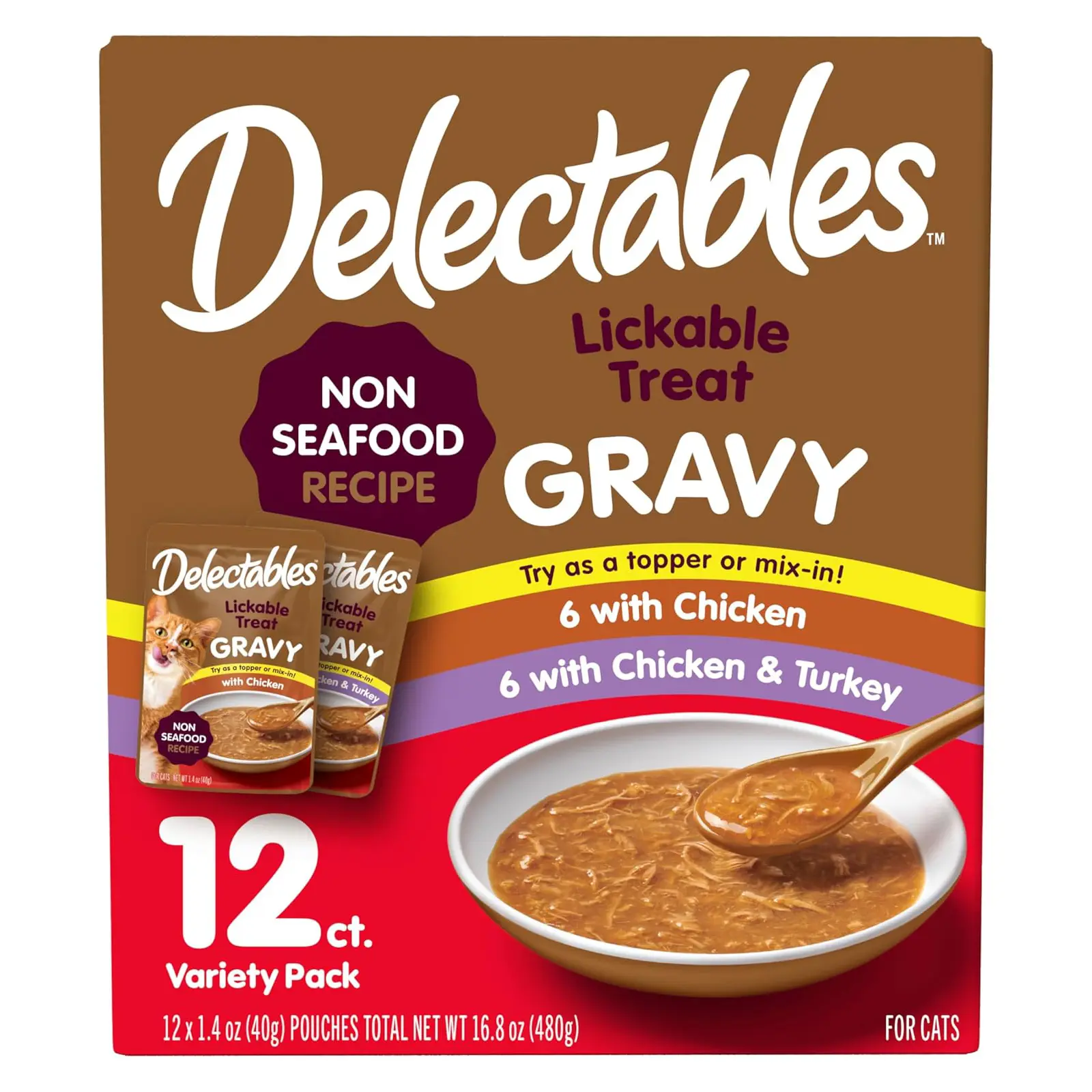 Delectables Lickable Treat Gravy Wet Cat Treat Variety Pack, Food Topper, Hydrating, Grain-Free, No Fillers, By-Products, Added Preservatives, 1.4oz Pouch, 12ct