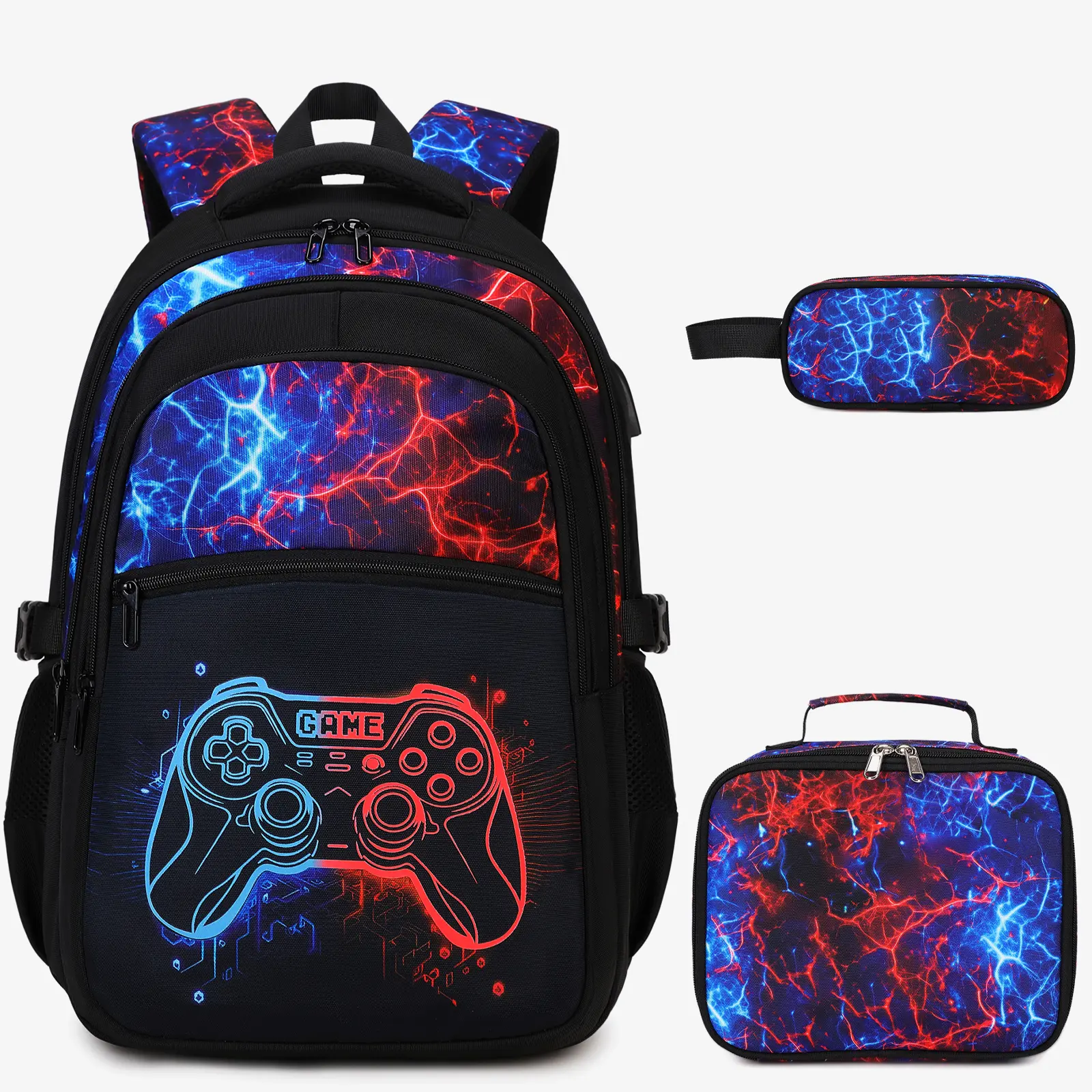 3PCS Boys Backpack for School, Cool Luminous Gamer Backpack for Boys with Lunch Bag&Pencil Case, Kids Backpacks Bookbag for Teen Boy Elementary Middle High School with USB Charging Port, Back to School Gift, Birthday's Gift