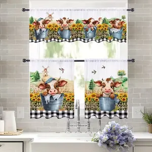3-piece farm-themed cute cow printed polyester short curtains set, machine washable and non-fading, suitable for kitchen, bathroom, and small alcove, creating a warm and adorable home atmosphere
