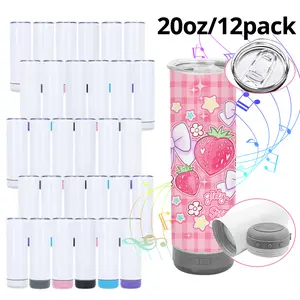 12pcs 20oz Music Water Bottle Sublimation Tumbler with Plastic Straw, Stainless Steel Double Insulated Speaker Water Bottle, Festival and Party Supplies, For Car, Home, Office, Summer Drinkware, Travel Accessories, Birthday Gifts, Festive Gifts.