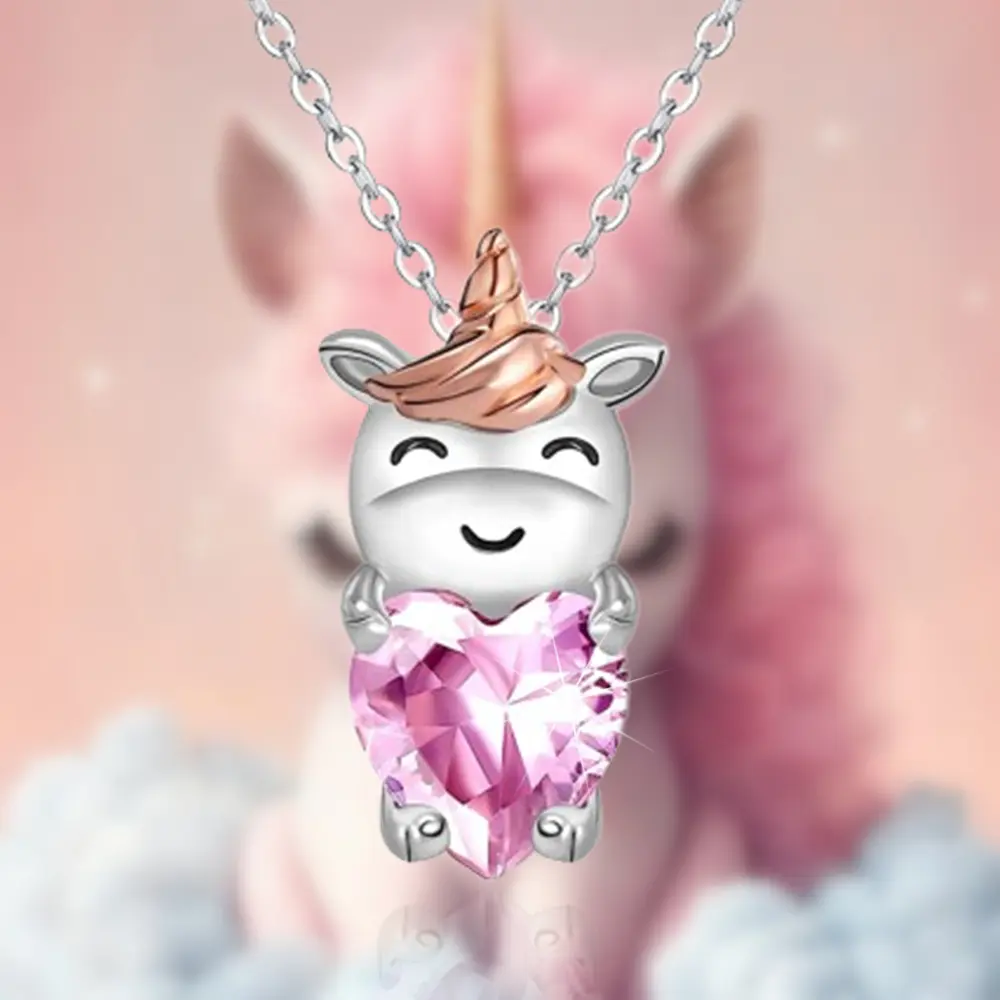 Cute Unicorn Pendant Necklace with Pink Heart Crystal on a Stainless Steel Chain, Elegant Female Jewelry for Party, Birthday Gift, Cartoon Unicorn, Creative, Exquisite, Girl, 1Pc, Birthday Gift Ideas, Chain Necklace, Crystal Pendant, One-Piece