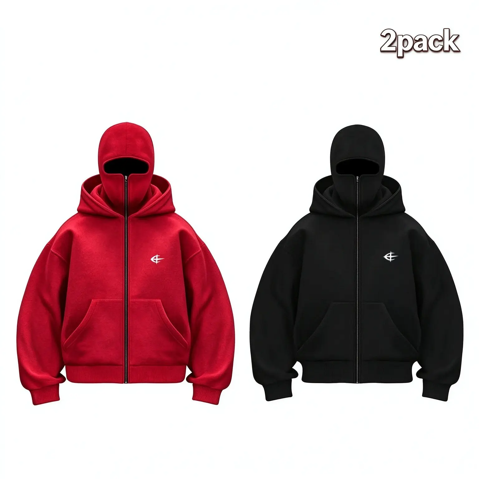 2SET Y2K Streetwear Boxy Cropped Fleece Sweatshirt, Ski Mask Face Cover Zip Up Jacket for Men Women,Unisex Double Hood Full Zip Hoodie,  Multiple Colours