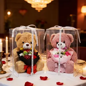 Party Anny Long-Bear Cake Flower Gift Box - Lifelike Floral Arrangement Centerpiece | Preserved Roses & Teddy Bear in Glass Dome, Birthday Valentine Anniversary Surprise Gift Unique Birthday Gifts