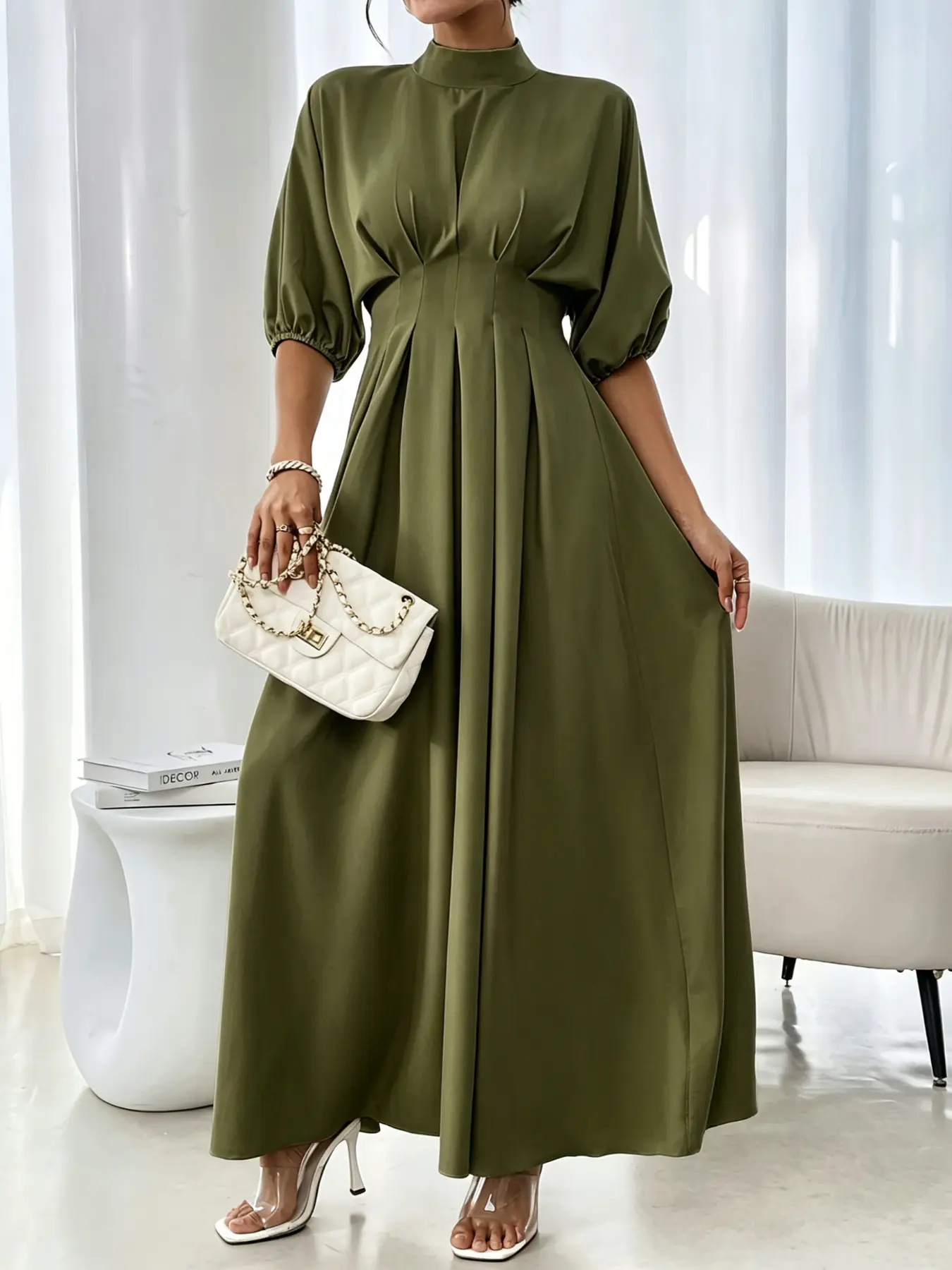 Elegant High Neck Lantern Sleeve Solid Dress, Slim Fit Waist Long Evening Wedding Gown, Chic and Refined Women's Formal Wear, Elegant Formal Style, Elegant Party Dress, Elegant Party Apparel