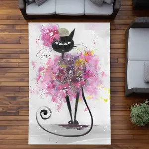 Begin Home Decor C1ROAR57U126ER 5 x 7 ft. Cartoon Cat with Pink Flowers - Outdoor Rectangle Area Rug
