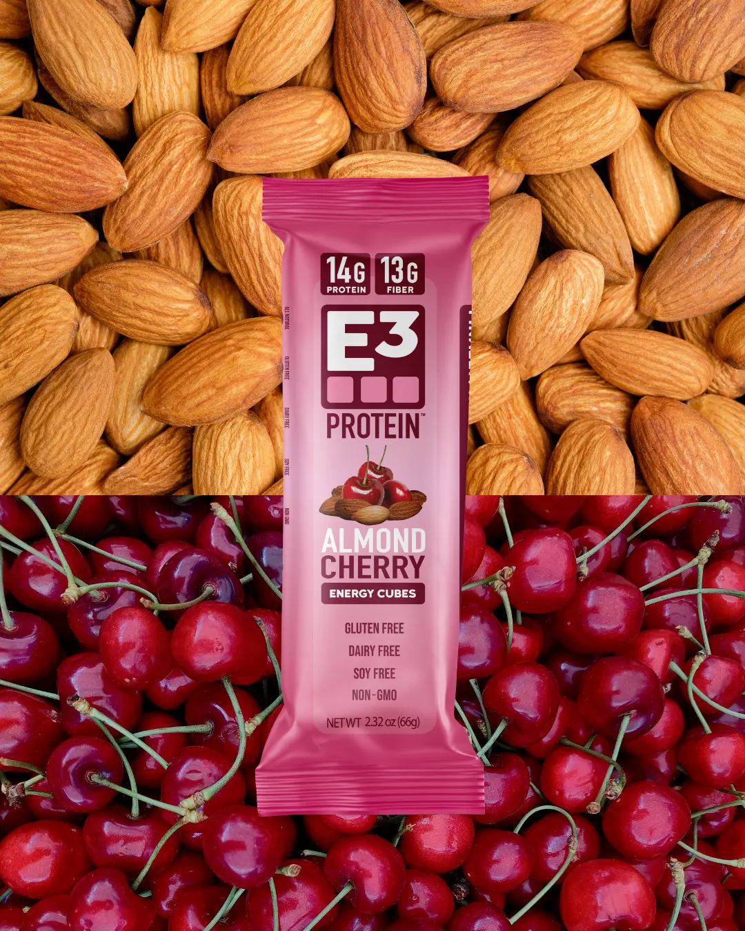 Almond Cherry E3 Energy Cubes | High-Fiber, All-Natural Protein Bars (12 bars)