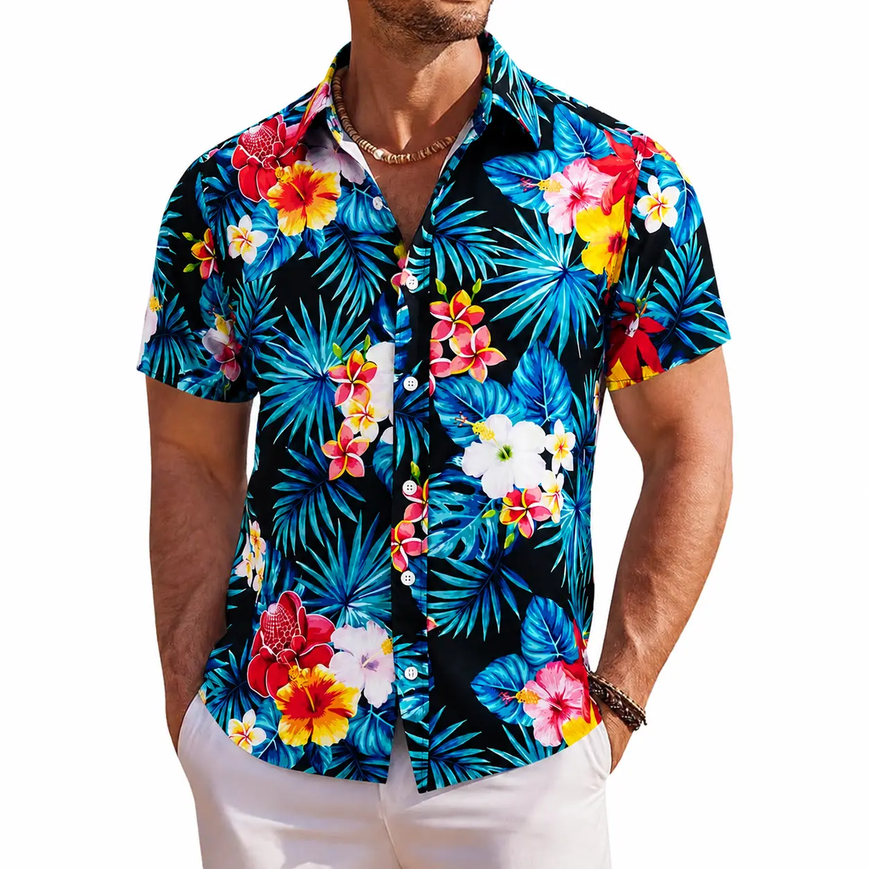 Men's Stylish Polyester Island Vibe Hawaiian Shirt - Tropical Floral Print, Shortsleeve Button Down, Lightweight Breathable, Casual Summer Beach/Resort Wear, Size 2XS-6XL, Luau Party Outfit, Relaxed Fit, Beach Party