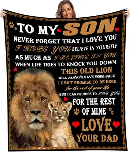to My Son from Dad Flannel Blankets Soft Lion Throw Blankets Fit Bed Couch Sofa Custom Plush Blanket Gift for Birthday Christmas Family Holiday