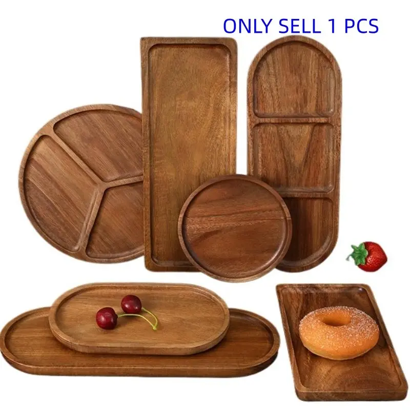 Rustic Aesthetic Wooden Decorative Display Tray Set, 1 Piece 11.4 Inch & 7.4 Inch Acacia Wood Trays, Vintage Round Coffee Table Organizer for Living Room, Home Decor, Home Organization, Decoration