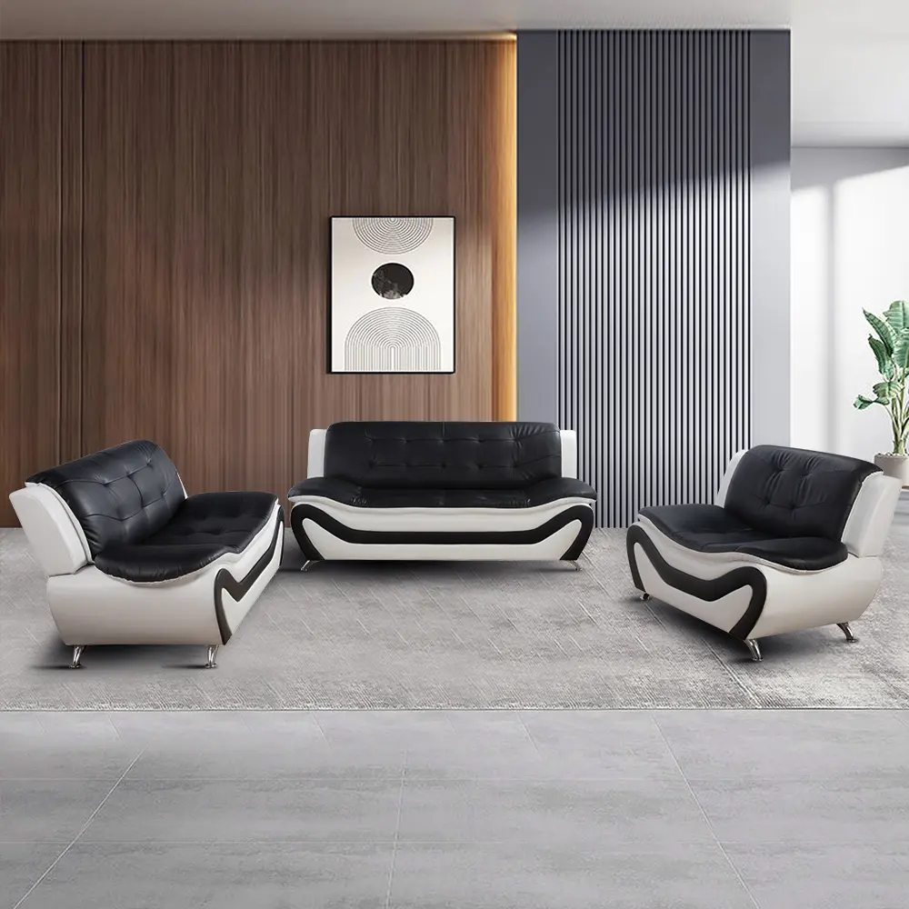 3-Piece Black & White Faux Leather Exquisite Double-Cushioned Durability Sofa Set, Modern Upholstered Indoor Living Room Furniture, Sturdy Frame, Easy Assembly, Ideal for Home Apartment Decor, Exquisite Sofa Sets, Cushion Sofa Sets