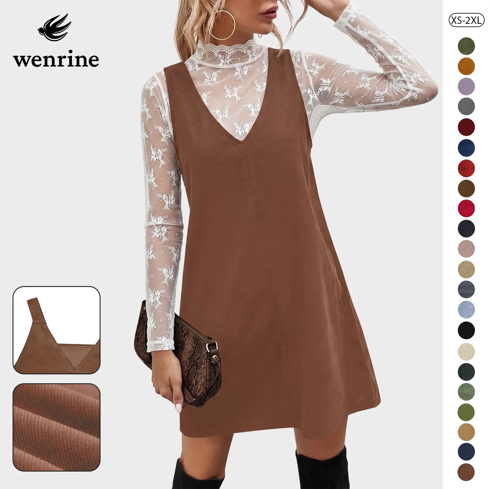 Wenrine Women's V Neck Corduroy Overall Dress Casual Loose Short Pinafore Dresses Cute Mini Jumper Dress