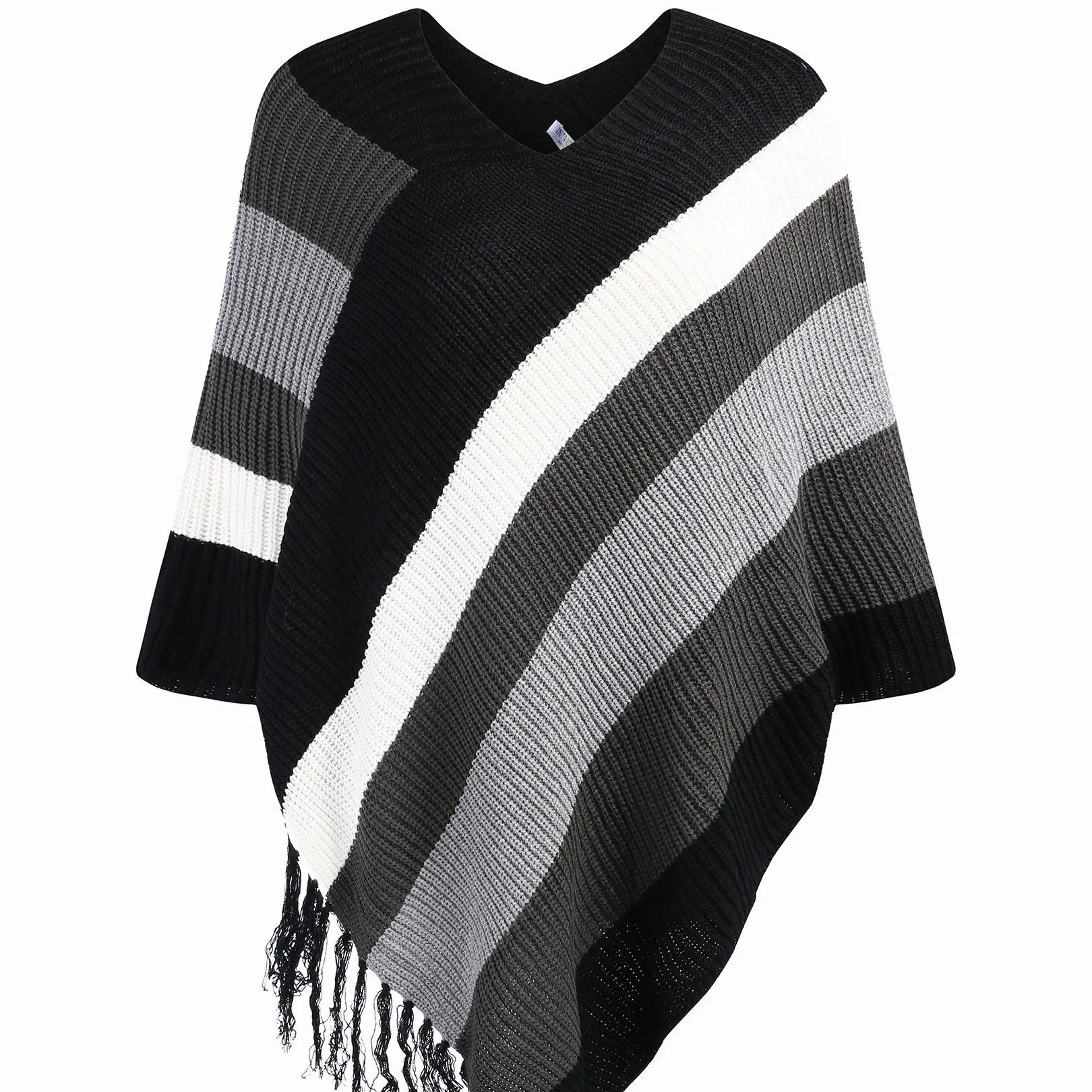 IN'VOLAND Women's 2-Piece Casual Poncho Top & Leggings Set - Oversize Striped V-Neck Sleeveless Knit Cape with Fringe Hem, Stretchy, Lightweight, Chic, Day & Party Wear