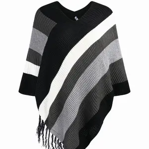 IN'VOLAND Women's Knitted Shawl Poncho with Fringed Capelet V-Neck Striped Sweater Pullover Cape Strapless