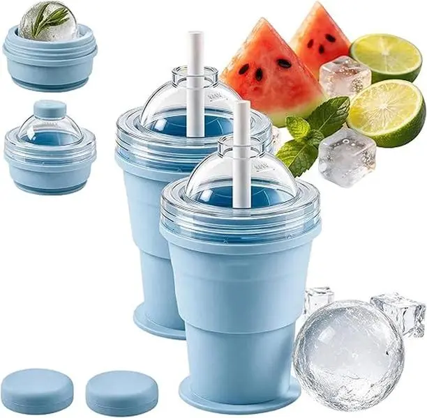 2-in-1 Collapsible Silicone Ice Ball Maker Cup - Detachable Lid & Straw, Portable Leakproof Reusable Sphere Mold Travel Tumbler for Whiskey, Coffee, Summer Drinks