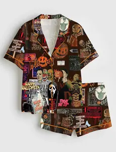 Women’s Retro Horror Movie Halloween Enjoyer Thri/ller Retro Ghost Pumpkin Short Sleeve Satin Pajama Set, Pajama Nighwear Set for Her