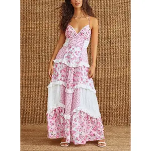 Women's Floral Dress Stylish Lace Patchwork Ruffled Trim Sleeveless Spaghetti Strap V Neck A-Line Long Dress for Summer
