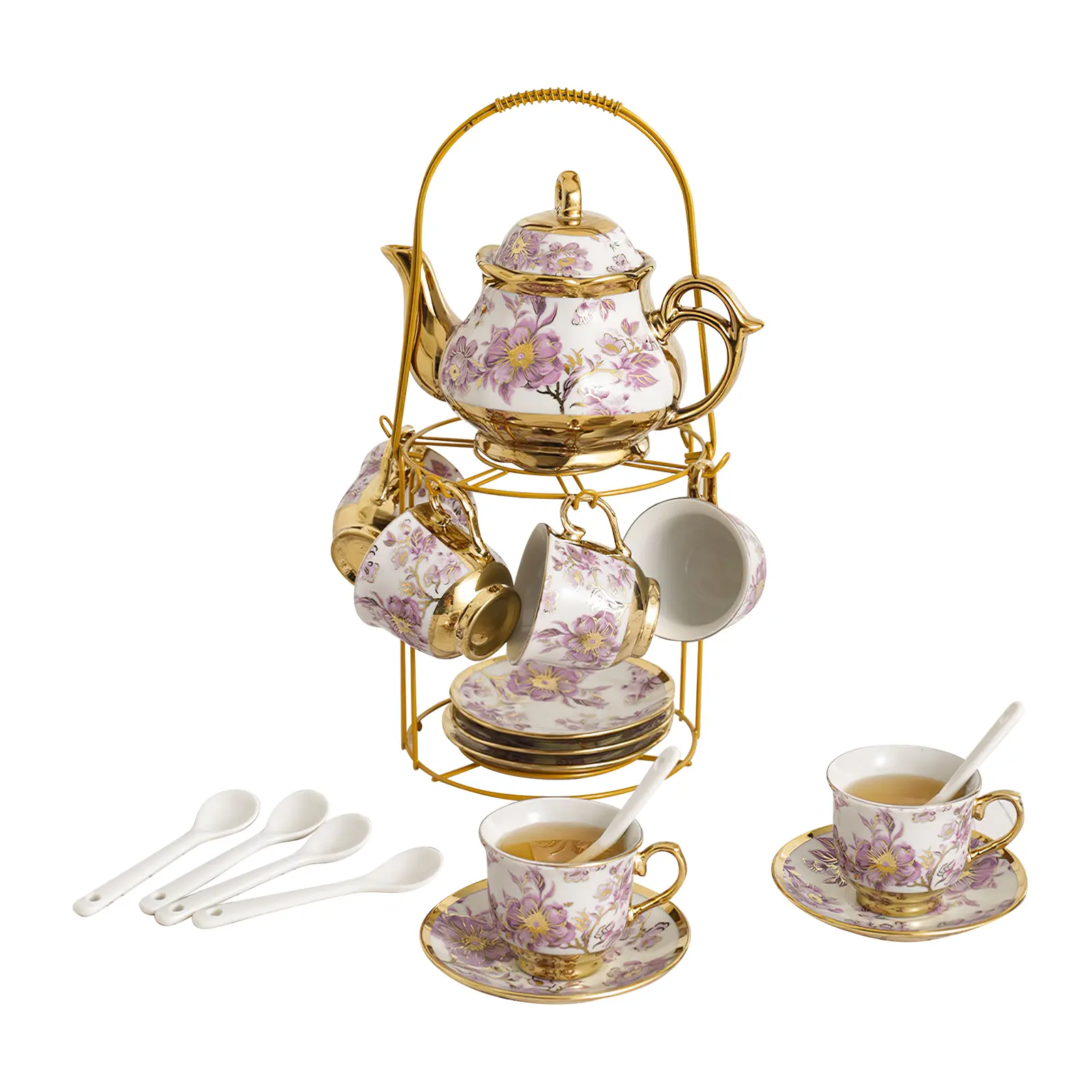 20 Pcs Porcelain Tea Set with Metal Holder European Flower Tea Sets for Adults, Ceramic Tea Party Set European Flower Painting Teapot Cup Saucer Spoon Set for Women, Large Version (Elegant Purple)