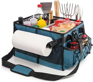 Lorbro Grill Caddy, BBQ Caddy with Paper Towel Holder, Utensil Caddy with Condiment Pocket, Collapsible Picnic Basket Camping Gear Must Haves for Outdoor, Gift, Grilling Tool, Barbecue, RV