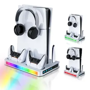 PS5 Cooling Station with Dual Controller Fast Charger, Vertical Console Stand with 3 Speed Cooling Fans, RGB LED Light, Rgb Lighting Effects, Game Disc Storage, Headset Holder and DIY Card Slots, Compatible with PS5 Slim, Pro, Disc and Digital Editions