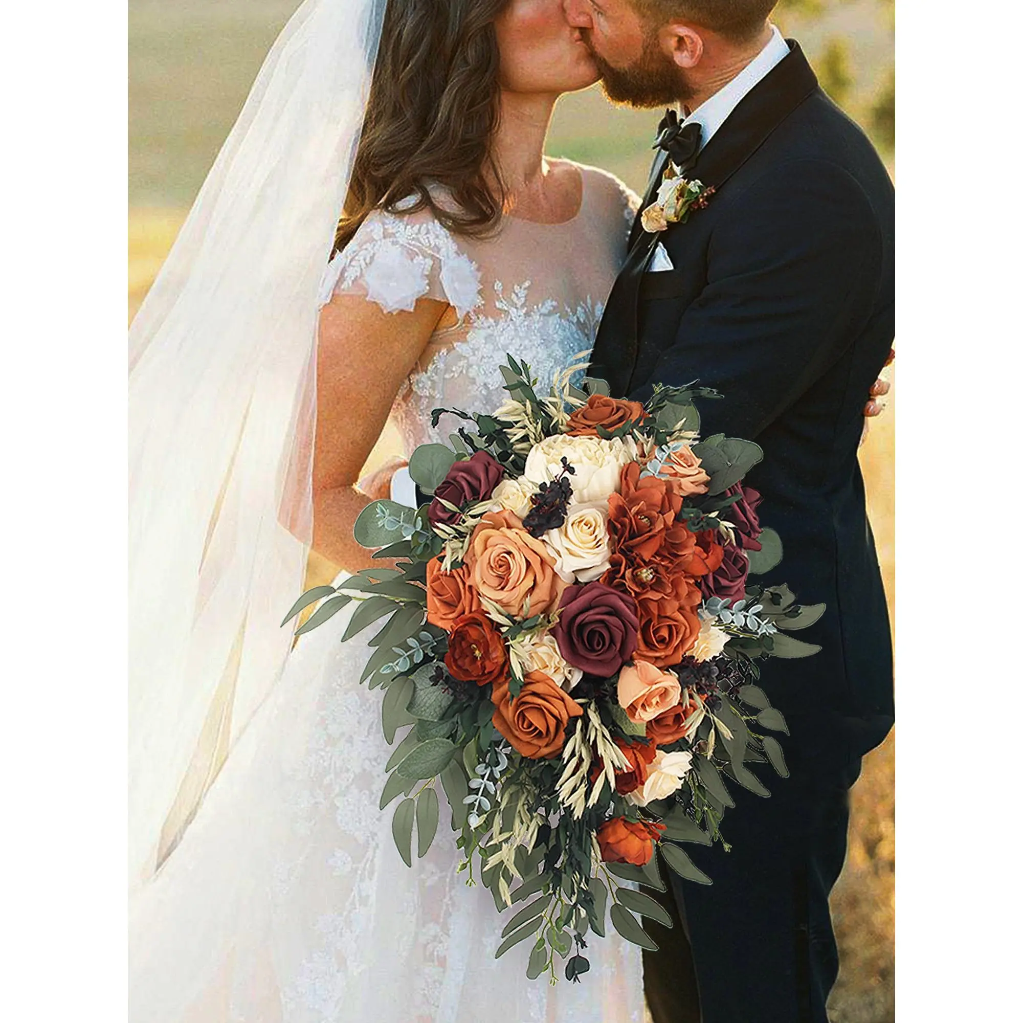 Rinlong Large 13.7" W x 19.6" L Decorative Terracotta Cascading Bridal Faux Flower Bouquet, Wedding Home Decor with Cream Faux Eucalyptus Flower Vine & Plant Accents, Faux Eucalyptus Flowers