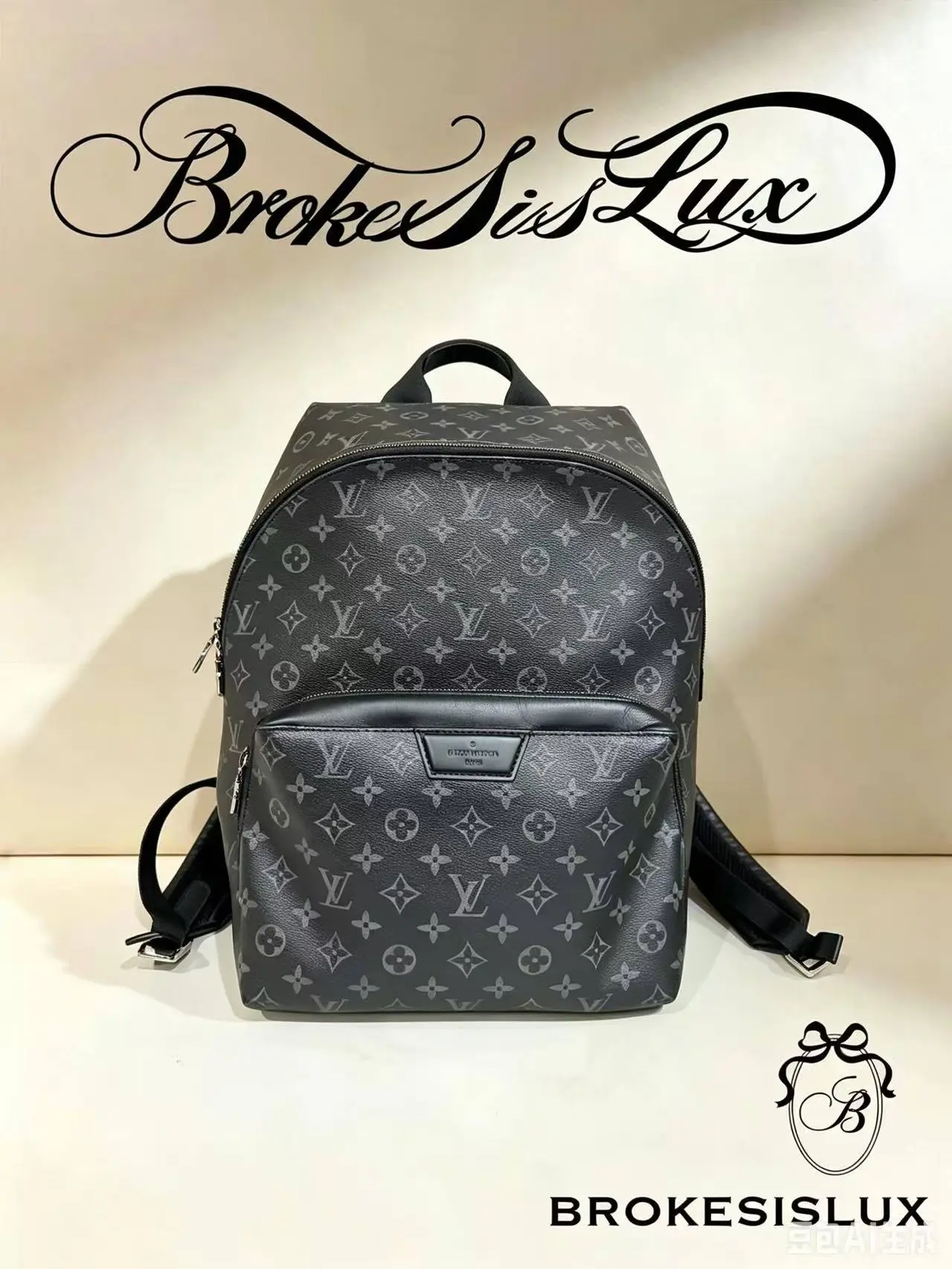 Pre-owned Louis Vuitton Monogram Eclipse Backpack, Black Grey Monogram Coated Canvas, Calfskin Pocket Trim, Adjustable Padded Shoulder Straps
