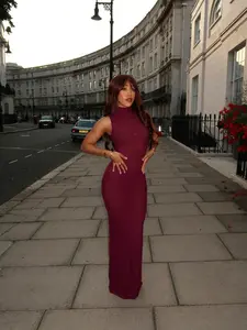 Elegant Wine High Neck Sleeveless Long Dress, Bodycon Butt Lift Sexy Evening Floor-Length Gown, Perfect for Formal Events and Parties