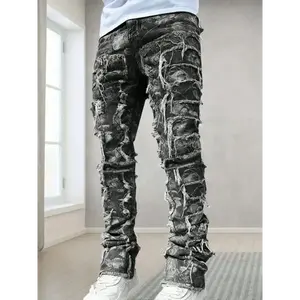 Men's Trendy Frayed Edge Jeans with Patch Flowing Fur Design - Mid-Rise Regular Fit Denim, Machine Washable Casual Streetwear for Spring Outings & Party Photo Shoots, Versatile Denim | Distressed Denim Menswear Polyester Fabric Cotton Trouser Pants