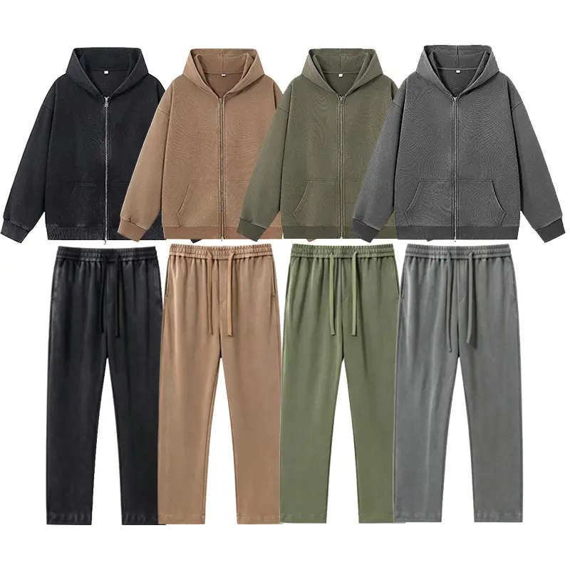 Men’s vintage washed two-piece set: loose zip-up hoodie and elastic-waist drawstring sweatpants; Y2K street casual two-piece set, available in multiple colors.Autumn set, men's zip-up hooded jacket