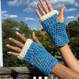 for small - average hands Crochet Wool Mittens Blue Handmade Fingerless Gloves