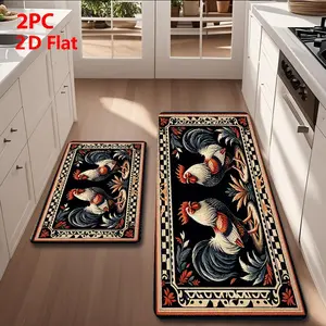 2/3 Piece Flannel Kitchen Mat Set, Vintage American Country Rooster Design, Non-Slip, Absorbent, Home Decor