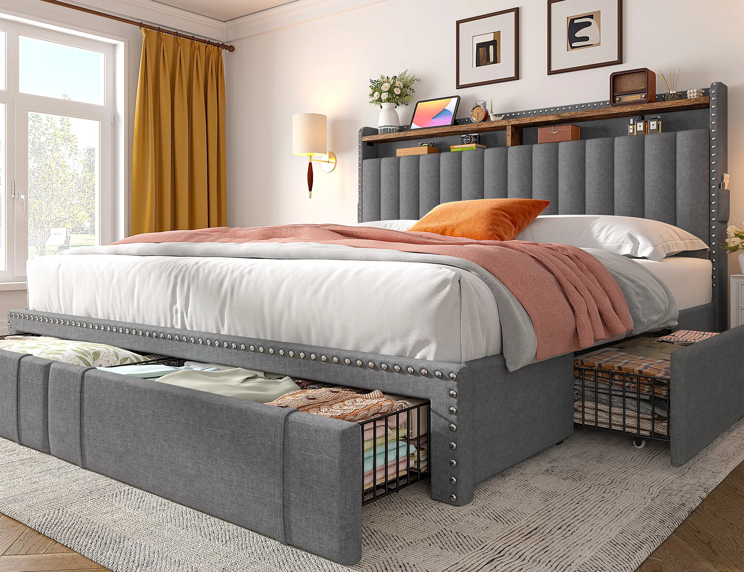Raybee Furniture Bed Frame with 3 Drawers, MATTRESS NOT INCLUDED Upholstered Bed Frame with Headboard & 2 Tiers of Shelves, Platform Bed Frame for Que