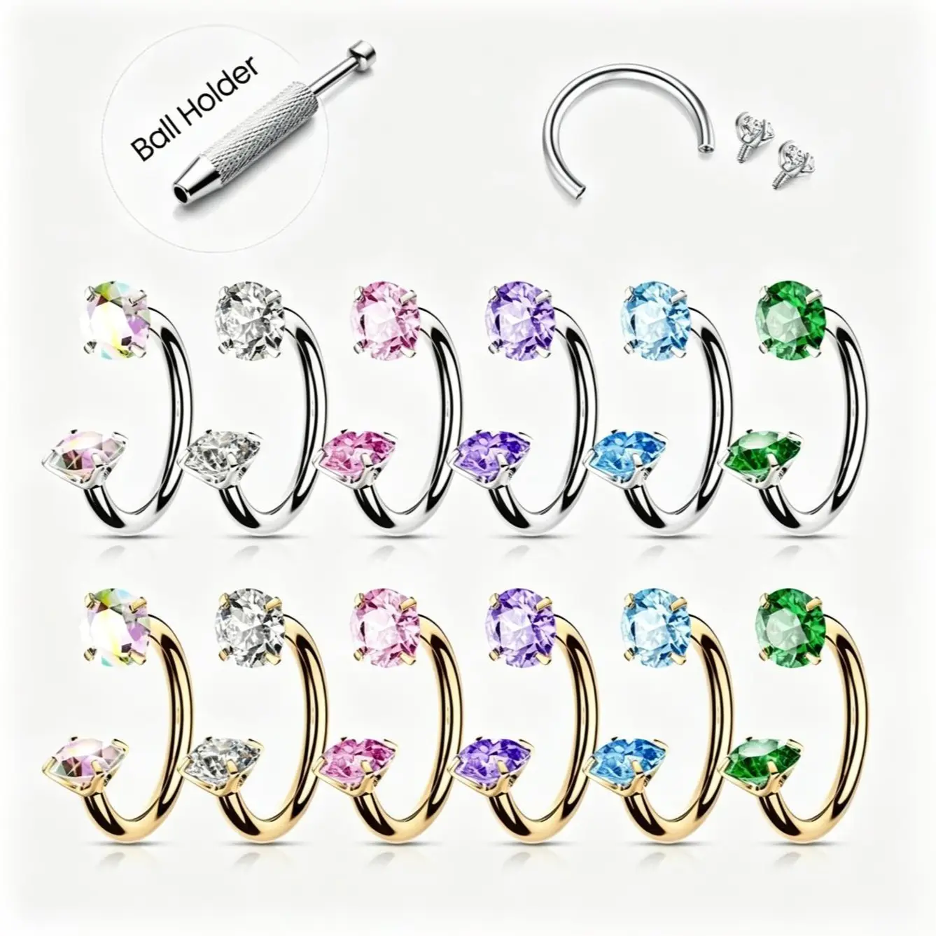 6-Piece Nose Piercing Kit for Women, 18G 8mm 316L Titanium Steel Horseshoe Hoops with Internally Threaded Gems and Guiding Needle for Easy Insertion, Secure Fit, Everyday, Unisex, 1.0Mm
